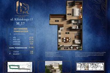 Rzut - Mieszkanie na sprzedaż 2 pokoje o powierzchni 51,99 m² - numer M 17 w Kilińskiego 11