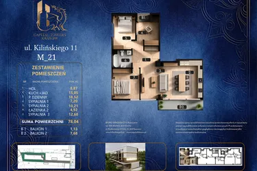 Rzut - Mieszkanie na sprzedaż 3 pokoje o powierzchni 78,04 m² - numer M 21 w Kilińskiego 11