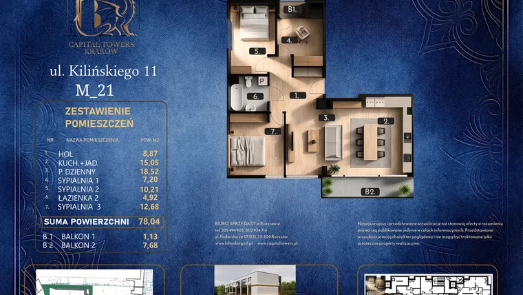 Rzut - Mieszkanie na sprzedaż 3 pokoje o powierzchni 78,04 m² - numer M 21 w Kilińskiego 11