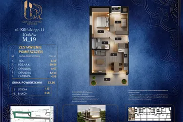 Rzut - Mieszkanie na sprzedaż 3 pokoje o powierzchni 52,6 m² - numer M 19 w Kilińskiego 11