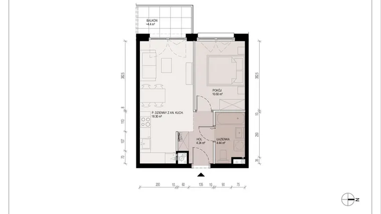 Rzut - Mieszkanie na sprzedaż 2 pokoje o powierzchni 37,58 m² - numer B.1.9.2A w Hallera 122