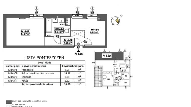 Rzut - Mieszkanie na sprzedaż 2 pokoje o powierzchni 35,36 m² - numer M14A w Jeziorna 1