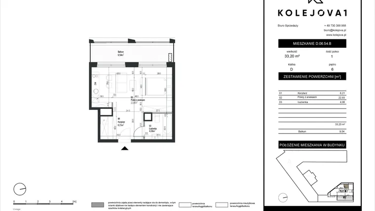 Rzut - Mieszkanie na sprzedaż 1 pokój o powierzchni 33,2 m² - numer D-06-54B w Kolejova 1