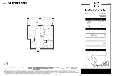 Rzut - Mieszkanie na sprzedaż 1 pokój o powierzchni 33,2 m² - numer D-04-35B w Kolejova 1