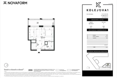 Rzut - Mieszkanie na sprzedaż 1 pokój o powierzchni 32,76 m² - numer D-10-74B w Kolejova 1