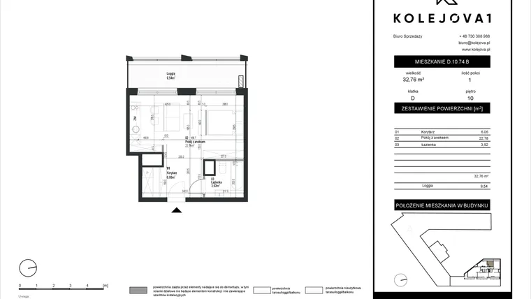 Rzut - Mieszkanie na sprzedaż 1 pokój o powierzchni 32,76 m² - numer D-10-74B w Kolejova 1