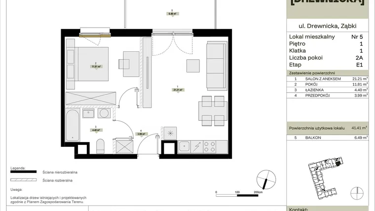 Rzut - Mieszkanie na sprzedaż 2 pokoje o powierzchni 41,41 m² - numer E1.5 w Drewnicka