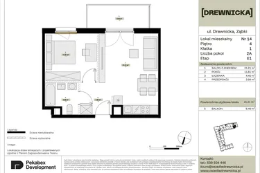 Rzut - Mieszkanie na sprzedaż 2 pokoje o powierzchni 41,41 m² - numer E1.14 w Drewnicka