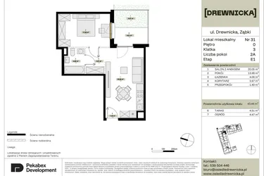 Rzut - Mieszkanie na sprzedaż 2 pokoje o powierzchni 43,44 m² - numer E1.31 w Drewnicka