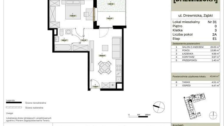 Rzut - Mieszkanie na sprzedaż 2 pokoje o powierzchni 43,44 m² - numer E1.31 w Drewnicka