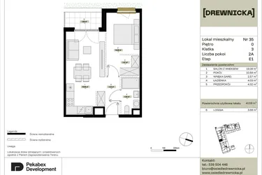 Rzut - Mieszkanie na sprzedaż 2 pokoje o powierzchni 40,58 m² - numer E1.35 w Drewnicka
