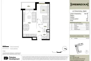 Rzut - Mieszkanie na sprzedaż 2 pokoje o powierzchni 41,12 m² - numer E1.42 w Drewnicka