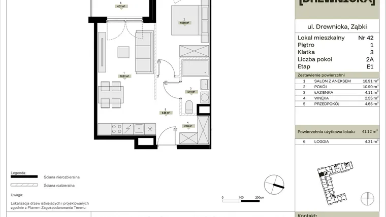Rzut - Mieszkanie na sprzedaż 2 pokoje o powierzchni 41,12 m² - numer E1.42 w Drewnicka