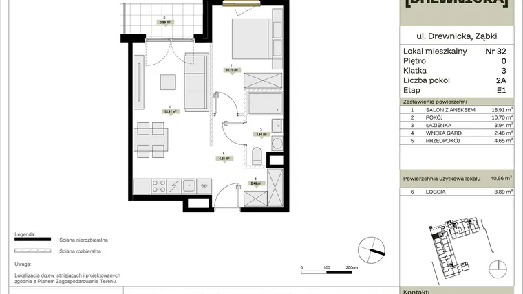 Rzut - Mieszkanie na sprzedaż 2 pokoje o powierzchni 40,66 m² - numer E1.32 w Drewnicka