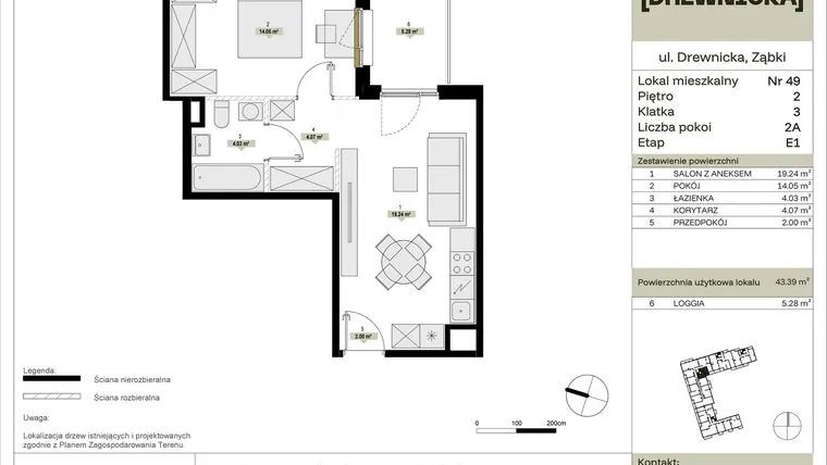 Rzut - Mieszkanie na sprzedaż 2 pokoje o powierzchni 43,39 m² - numer E1.49 w Drewnicka