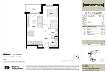 Rzut - Mieszkanie na sprzedaż 2 pokoje o powierzchni 41,12 m² - numer E1.52 w Drewnicka