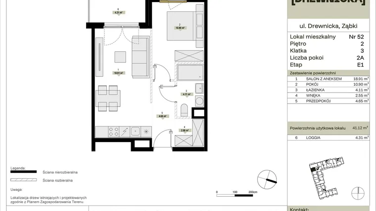 Rzut - Mieszkanie na sprzedaż 2 pokoje o powierzchni 41,12 m² - numer E1.52 w Drewnicka