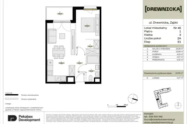 Rzut - Mieszkanie na sprzedaż 2 pokoje o powierzchni 40,58 m² - numer E1.45 w Drewnicka