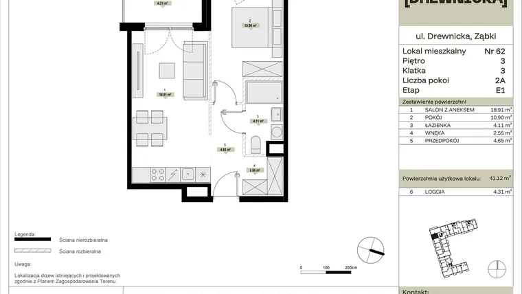 Rzut - Mieszkanie na sprzedaż 2 pokoje o powierzchni 41,12 m² - numer E1.62 w Drewnicka