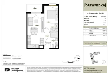 Rzut - Mieszkanie na sprzedaż 2 pokoje o powierzchni 40,58 m² - numer E1.65 w Drewnicka