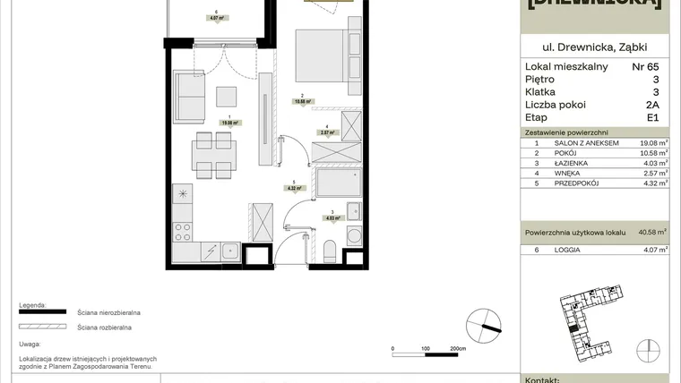 Rzut - Mieszkanie na sprzedaż 2 pokoje o powierzchni 40,58 m² - numer E1.65 w Drewnicka