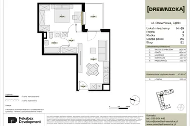 Rzut - Mieszkanie na sprzedaż 2 pokoje o powierzchni 43,41 m² - numer E1.69 w Drewnicka