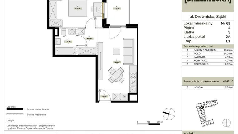 Rzut - Mieszkanie na sprzedaż 2 pokoje o powierzchni 43,41 m² - numer E1.69 w Drewnicka