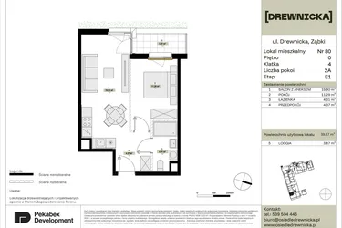 Rzut - Mieszkanie na sprzedaż 2 pokoje o powierzchni 39,87 m² - numer E1.80 w Drewnicka