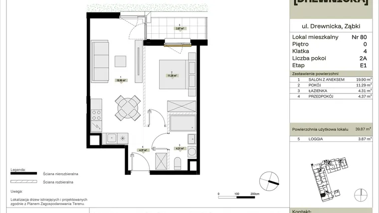 Rzut - Mieszkanie na sprzedaż 2 pokoje o powierzchni 39,87 m² - numer E1.80 w Drewnicka