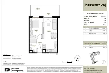 Rzut - Mieszkanie na sprzedaż 2 pokoje o powierzchni 43,18 m² - numer E1.82 w Drewnicka