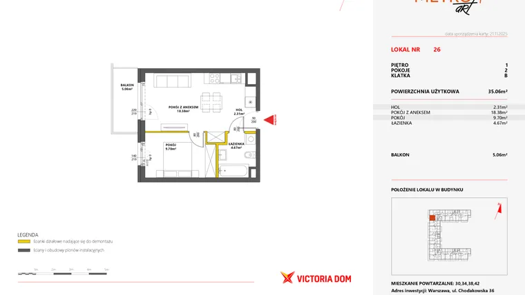 Rzut - Mieszkanie na sprzedaż 2 pokoje o powierzchni 35,06 m² - numer 26 w Metro Art 7