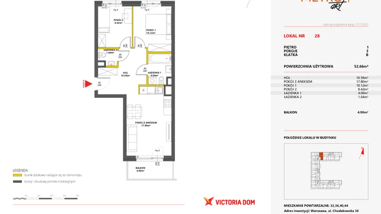 Rzut - Mieszkanie na sprzedaż 3 pokoje o powierzchni 52,66 m² - numer 28 w Metro Art 7
