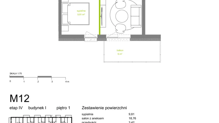 Rzut - Mieszkanie na sprzedaż 2 pokoje o powierzchni 36,2 m² - numer I-M12 w Zielona Dolina IV