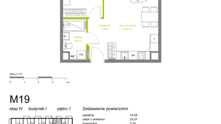 Rzut - Mieszkanie na sprzedaż 2 pokoje o powierzchni 43,61 m² - numer I-M19 w Zielona Dolina IV