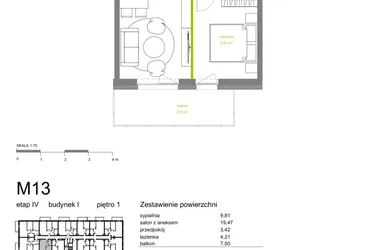 Rzut - Mieszkanie na sprzedaż 2 pokoje o powierzchni 36,91 m² - numer I-M13 w Zielona Dolina IV