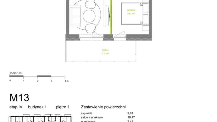 Rzut - Mieszkanie na sprzedaż 2 pokoje o powierzchni 36,91 m² - numer I-M13 w Zielona Dolina IV