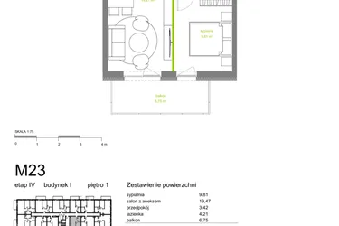 Rzut - Mieszkanie na sprzedaż 2 pokoje o powierzchni 36,91 m² - numer I-M23 w Zielona Dolina IV