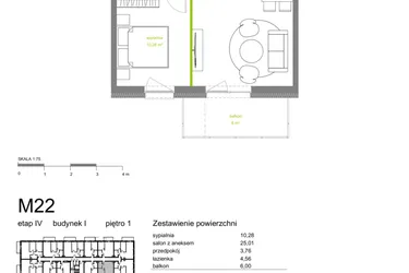 Rzut - Mieszkanie na sprzedaż 2 pokoje o powierzchni 43,61 m² - numer I-M22 w Zielona Dolina IV