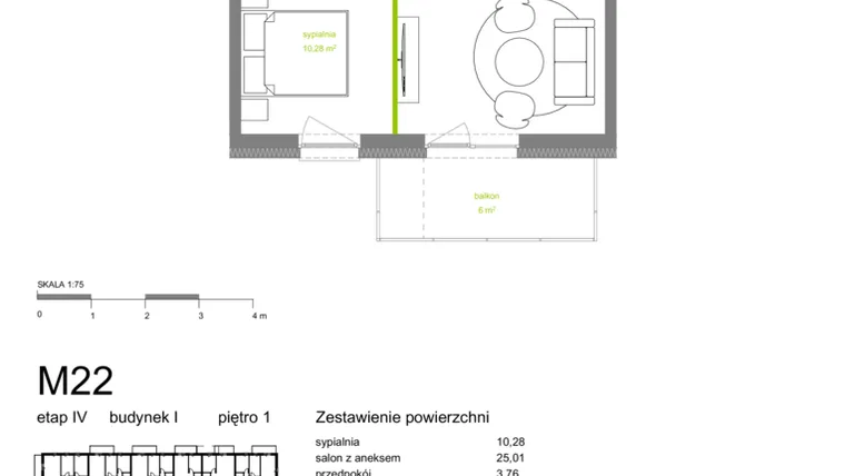 Rzut - Mieszkanie na sprzedaż 2 pokoje o powierzchni 43,61 m² - numer I-M22 w Zielona Dolina IV
