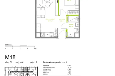 Rzut - Mieszkanie na sprzedaż 2 pokoje o powierzchni 36,91 m² - numer I-M18 w Zielona Dolina IV