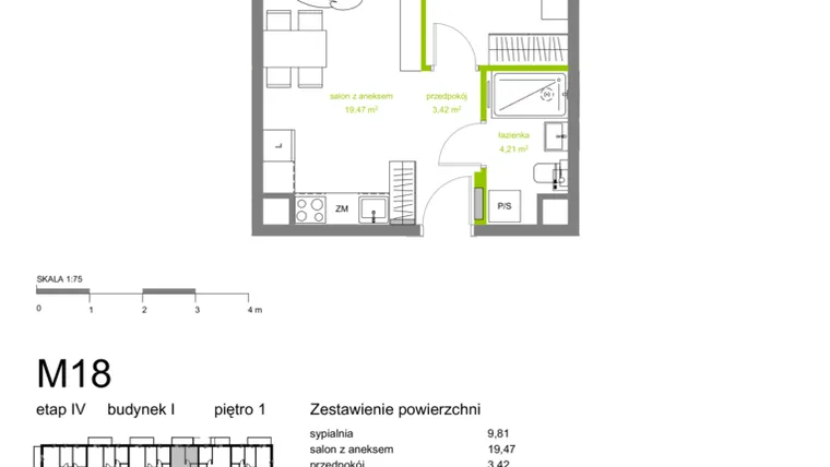 Rzut - Mieszkanie na sprzedaż 2 pokoje o powierzchni 36,91 m² - numer I-M18 w Zielona Dolina IV