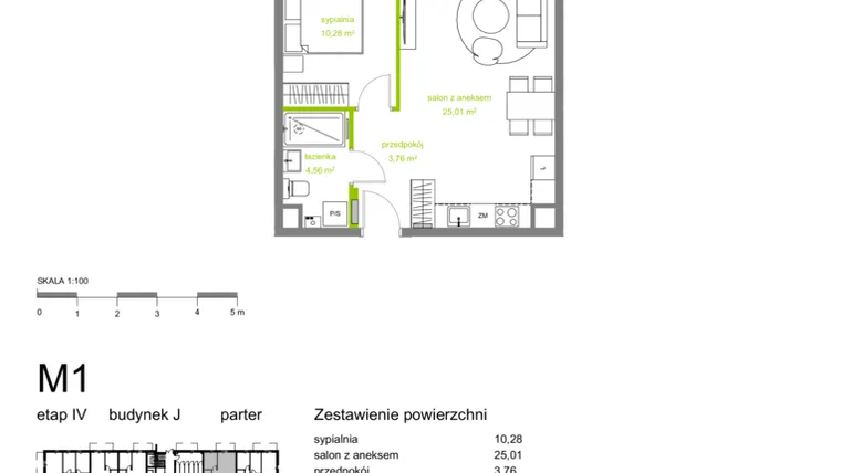 Rzut - Mieszkanie na sprzedaż 2 pokoje o powierzchni 43,61 m² - numer J-M01 w Zielona Dolina IV
