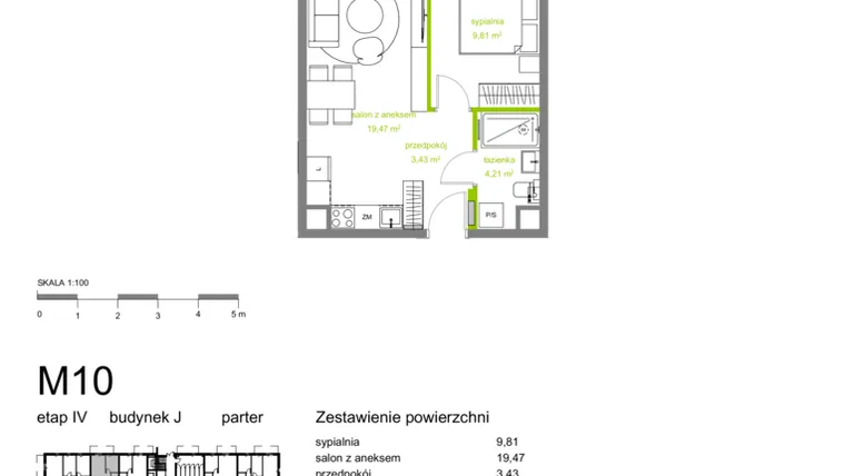 Rzut - Mieszkanie na sprzedaż 2 pokoje o powierzchni 36,91 m² - numer J-M10 w Zielona Dolina IV