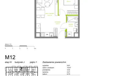 Rzut - Mieszkanie na sprzedaż 2 pokoje o powierzchni 36,91 m² - numer J-M12 w Zielona Dolina IV