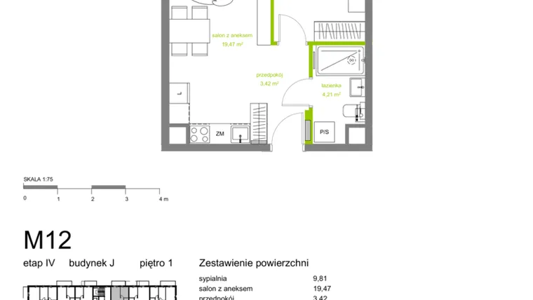 Rzut - Mieszkanie na sprzedaż 2 pokoje o powierzchni 36,91 m² - numer J-M12 w Zielona Dolina IV