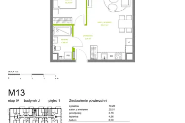 Rzut - Mieszkanie na sprzedaż 2 pokoje o powierzchni 43,61 m² - numer J-M13 w Zielona Dolina IV
