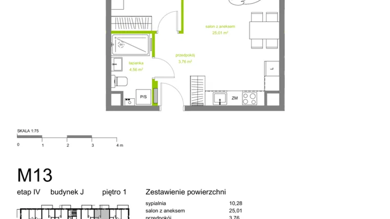 Rzut - Mieszkanie na sprzedaż 2 pokoje o powierzchni 43,61 m² - numer J-M13 w Zielona Dolina IV