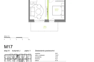 Rzut - Mieszkanie na sprzedaż 2 pokoje o powierzchni 36,91 m² - numer J-M17 w Zielona Dolina IV