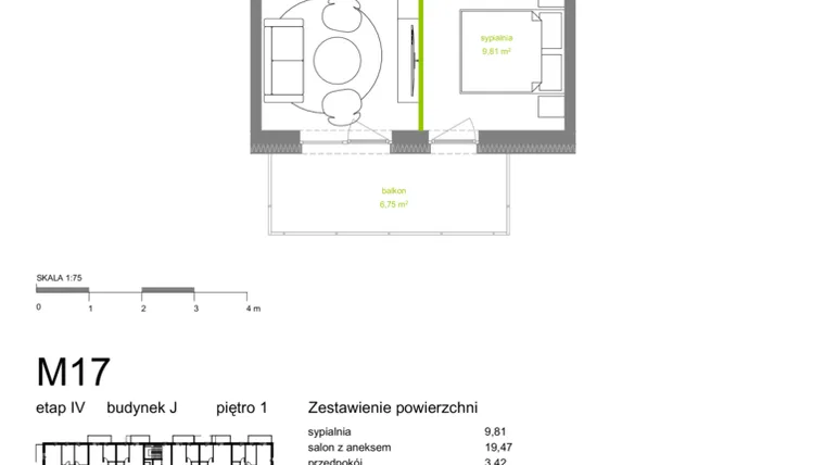 Rzut - Mieszkanie na sprzedaż 2 pokoje o powierzchni 36,91 m² - numer J-M17 w Zielona Dolina IV