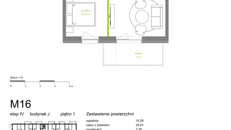 Rzut - Mieszkanie na sprzedaż 2 pokoje o powierzchni 43,61 m² - numer J-M16 w Zielona Dolina IV